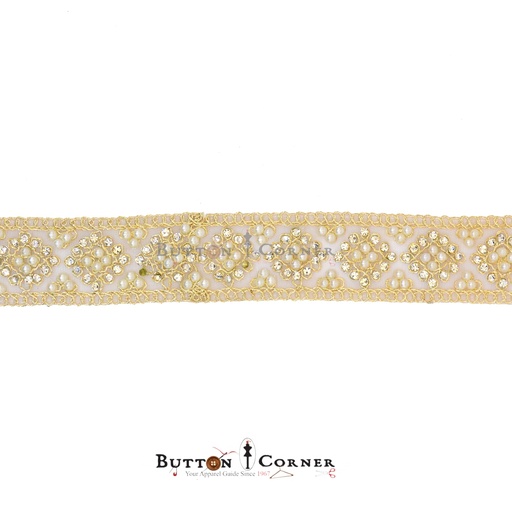 [FANL957 GOLD] Fancy Pearl Stone Metallic Yarn Lace