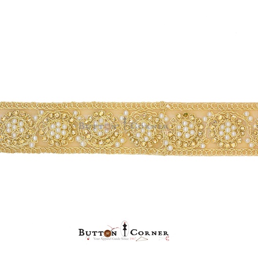 [FANL958 GOLD] Fancy Pearl Stone Metallic Yarn Lace