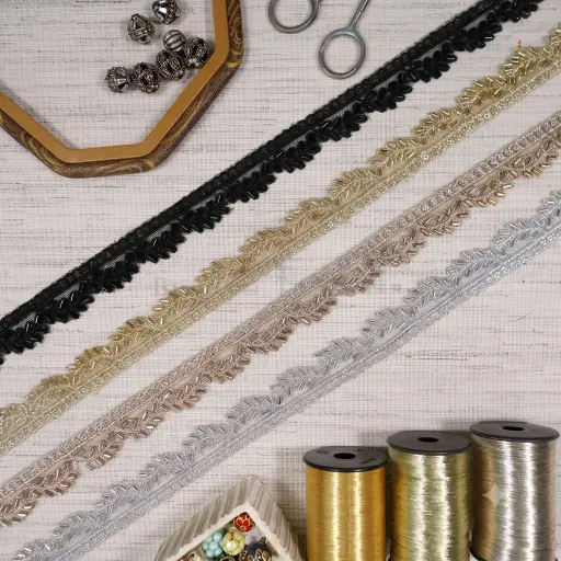 Glass Bead Leaf Pattern with One Side Sequence Embellishment, Fancy Lace