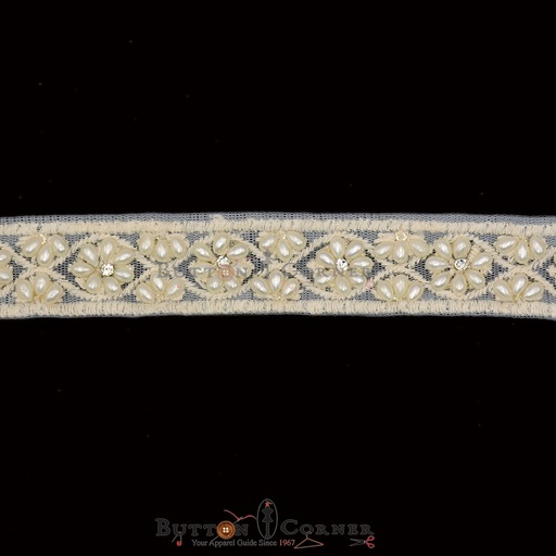 [EML373 WHITE] Embroidery Net Lace With Pearl & Stone