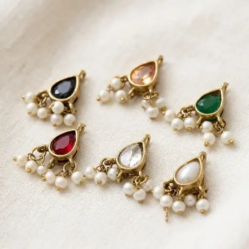 Gold Base Fancy Kundan Button with Pearl Hanging