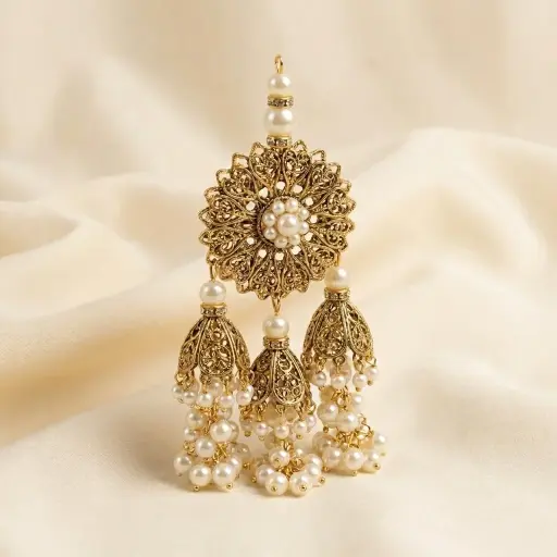 [TSL287 WHITE GOLD] 3 Cap Gota Tassel with Pearls & Mirror