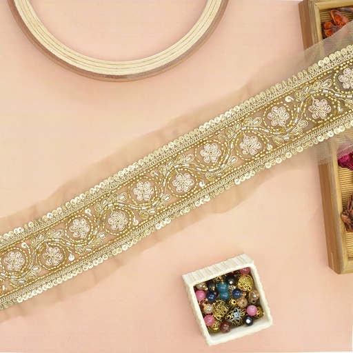[FANL1088 GOLD] Fancy Glass Beads Sequence Lace
