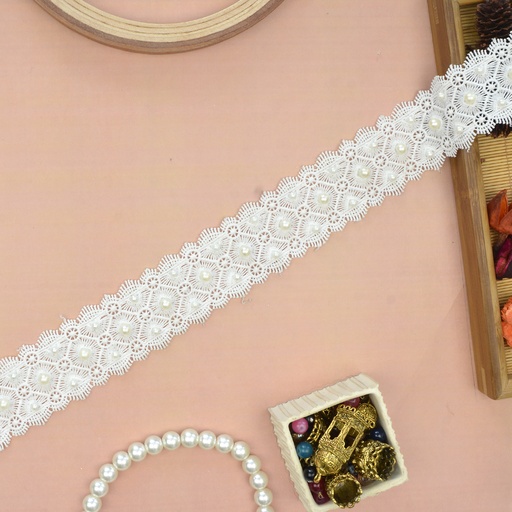 [D4109 PEARL WHT] Double Side Border Lace With Pearl