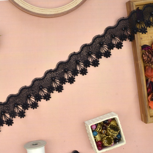 [AL2000 PEARL BLK] One Side Border Lace With Pearl