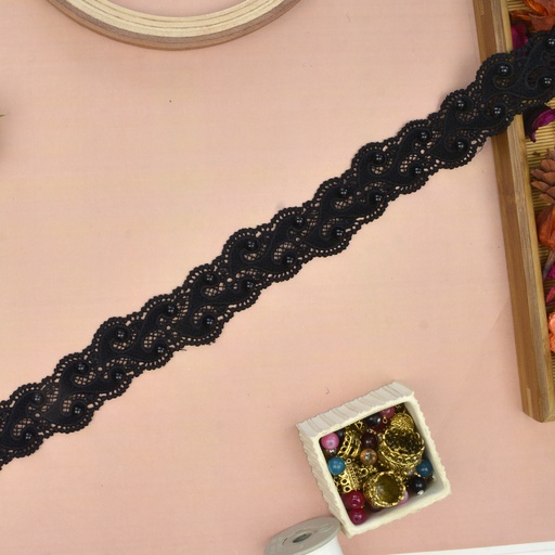 [ALN180 PEARL BLK] Double Side Border Lace With Pearl