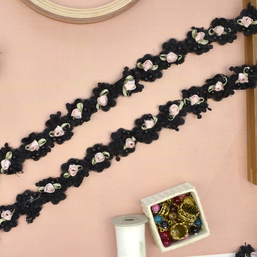 [AY3DL03 BLACK] Fancy Flower Lace With Pearl