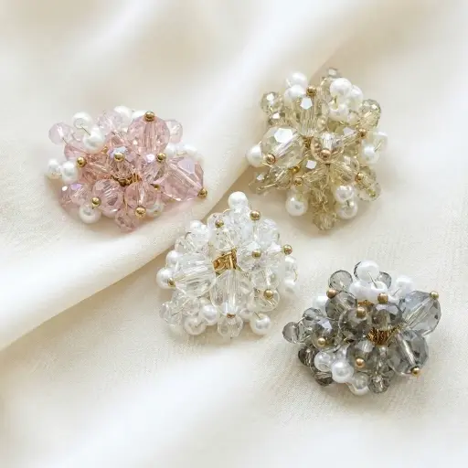 Round Pearl and Crystal Faceted Bead Cluster Button