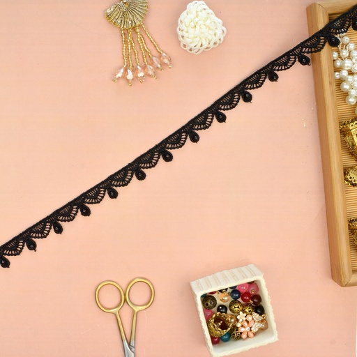 [21058 PEARL BLK] One Side Border Lace With Pearl