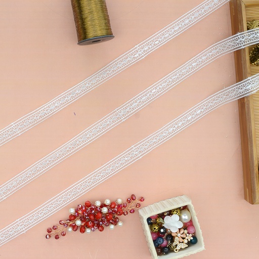 [51018G WHITE] Fancy Glass Beads Net Lace