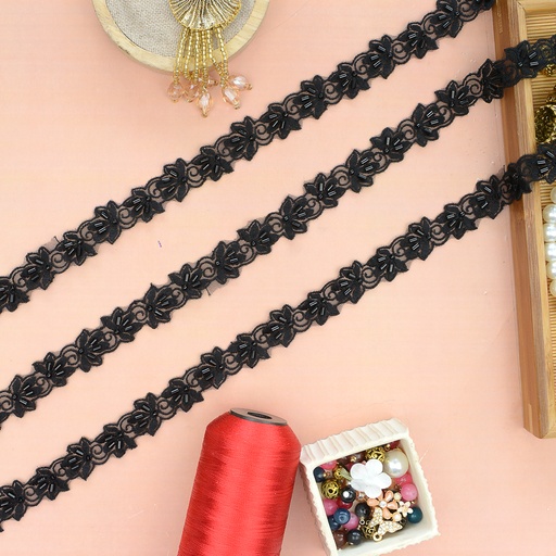 [51016G BLACK] Fancy Glass Beads Net Lace