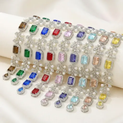 Silver Base Fancy Kundan Button Patti