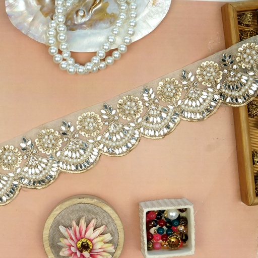 [FANL1251 GOLD] Pearl Stones & Mirror Fancy Lace