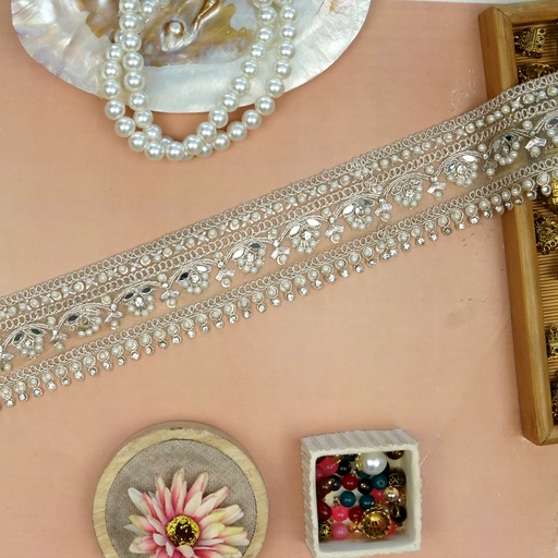 [FANL1252 GOLD] Pearl & Stones Mirror Fancy Lace