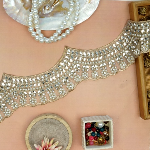 [FANL1253 GOLD] Pearl Stones & Mirror Fancy Lace