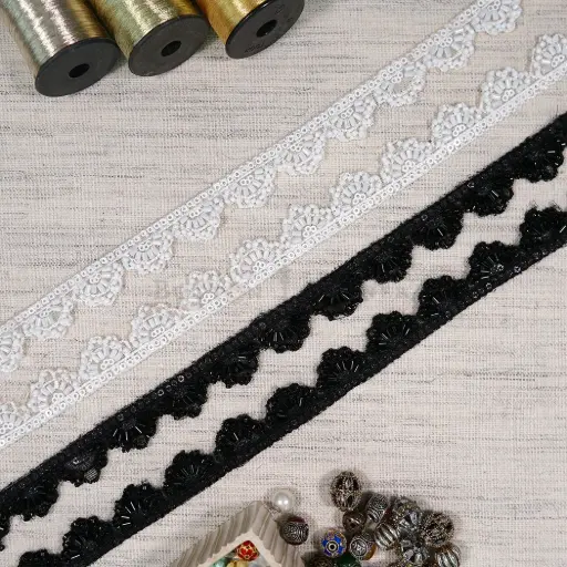 Embroidery Thread, Glass Beads, Sequence Lace with Scallop Edge