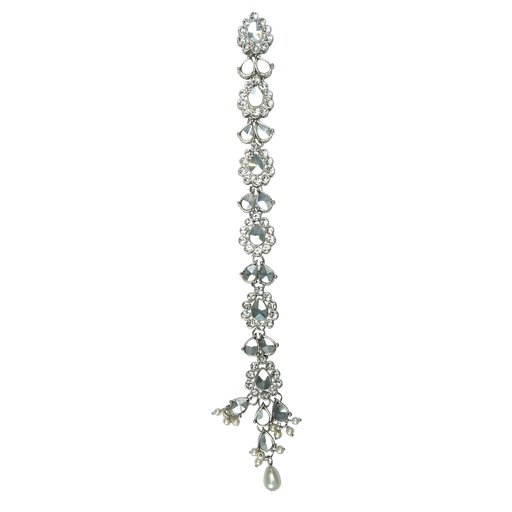 [BPT107S CRYSTAL WHT] Silver Base Fancy Kundan Button Patti