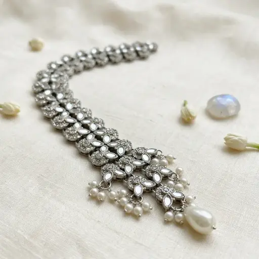 [BPT109S CRYSTAL WHT] Silver Base Fancy Kundan Button Patti