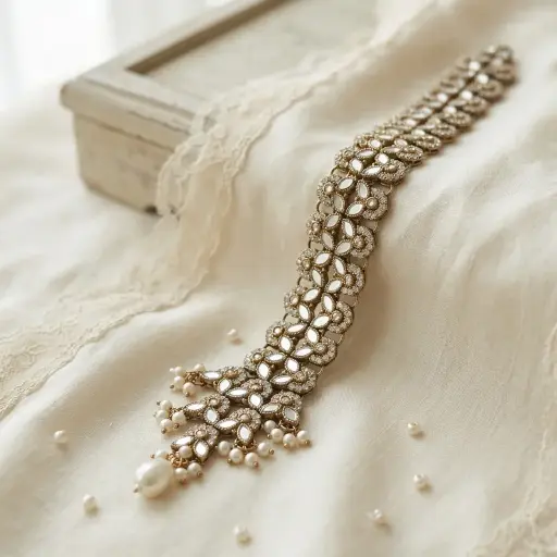 [BPT109G CRYSTAL WHT] Gold Base Fancy Kundan Button Patti