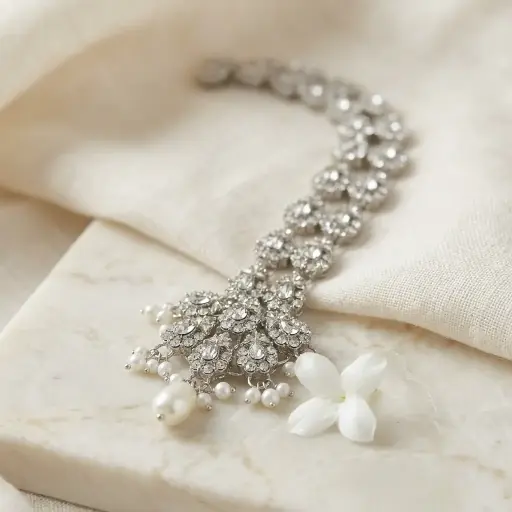 [BPT110S CRYSTAL WHT] Silver Base Fancy Kundan Button Patti