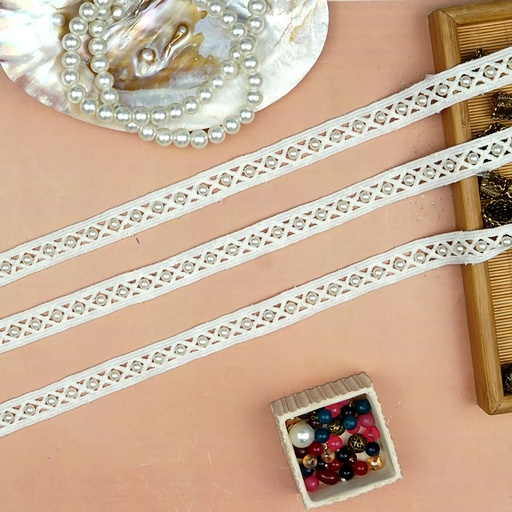 [MYB841 WHITE] Double Side Border Shuttle Lace With Pearl