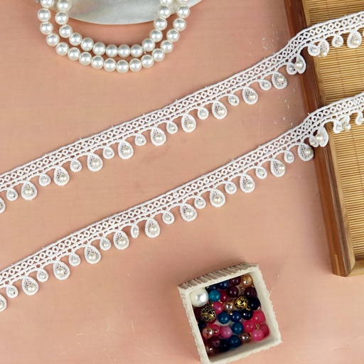 [D7648 PEARL WHT] One Side Border Lace With Pearl