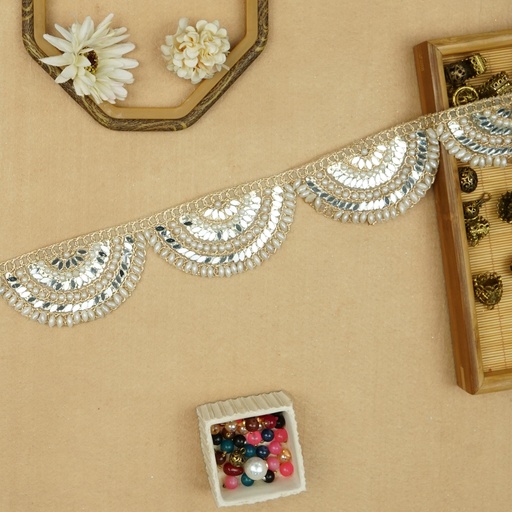 [FANL1378 WHITE GOLD] Fancy Metallic Yarn Pearl & Mirror Lace