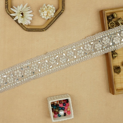 [FANL1379 WHITE GOLD] Fancy Metallic Yarn Pearl & Mirror Lace