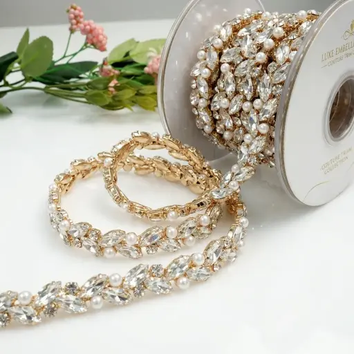 [LS-426G/LA-634 CRYSTAL WHT] Gold Base Pearl Rhinestone Fancy Chain