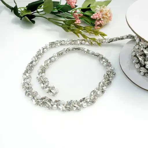 [LS-426S/LA-634 CRYSTAL WHT] Silver Base Pearl Rhinestone Fancy Chain