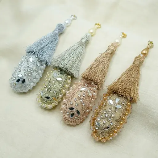 Elegant Design Metallic Yarn, Mirror, Pearl & Crystal Tassel 