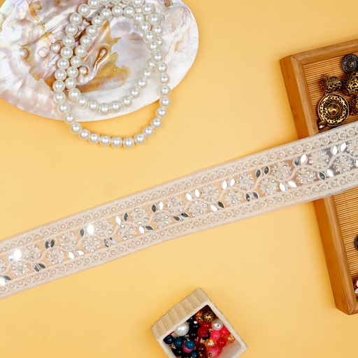 [EML445 WHITE] Embroidery Net Lace With Pearl & Mirror