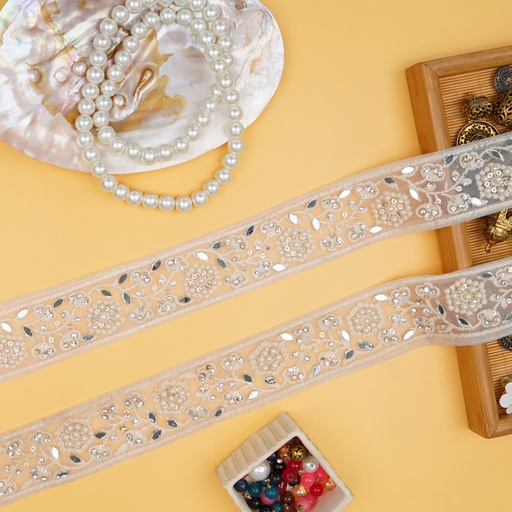 [EML446 WHITE] Embroidery Net Lace With Pearl & Mirror