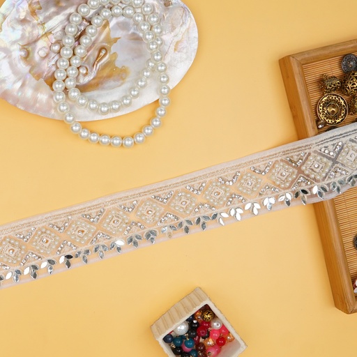 [EML447 WHITE] Embroidery Net Lace With Pearl & Mirror