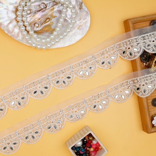 [EML448 WHITE] Embroidery Net Lace With Pearl & Mirror