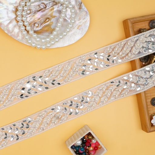 [EML449 WHITE] Embroidery Net Lace With Pearl & Mirror