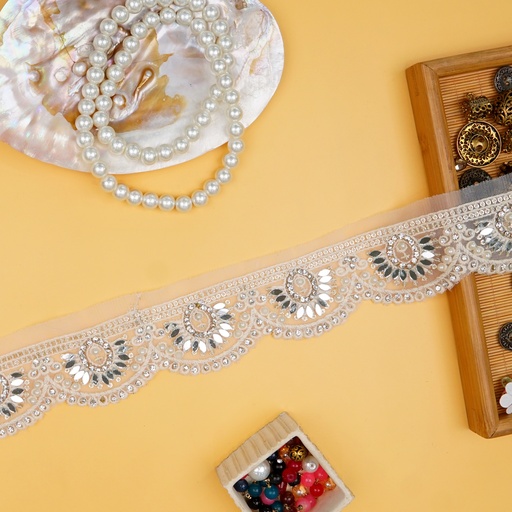 [EML450 WHITE] Embroidery Net Lace With Pearl & Mirror