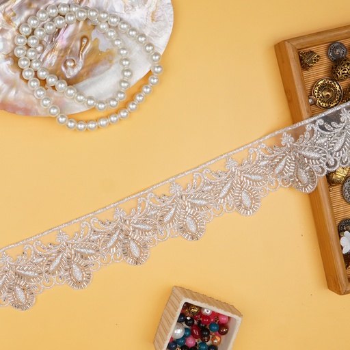 [K0774 SILVER] Fancy Metallic Yarn Glass Beads Lace