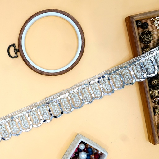 [FANL1428 WHITE GOLD] Fancy Metallic Yarn Pearl & Mirror Lace