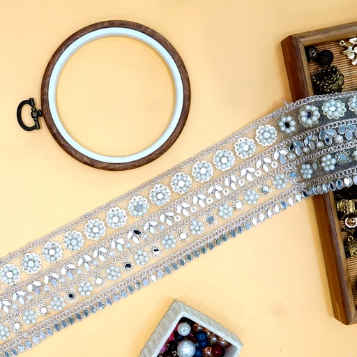 [FANL1430 WHITE GOLD] Fancy Metallic Yarn Pearl & Mirror Lace