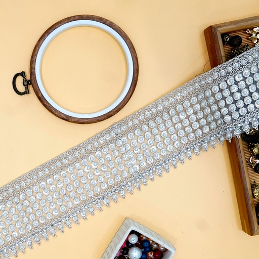 [FANL1434 WHITE GOLD] Fancy Metallic Yarn Pearl & Stone Lace