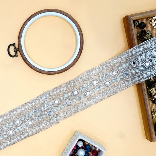 [FANL1435 WHITE GOLD] Fancy Metallic Yarn Pearl & Mirror Lace