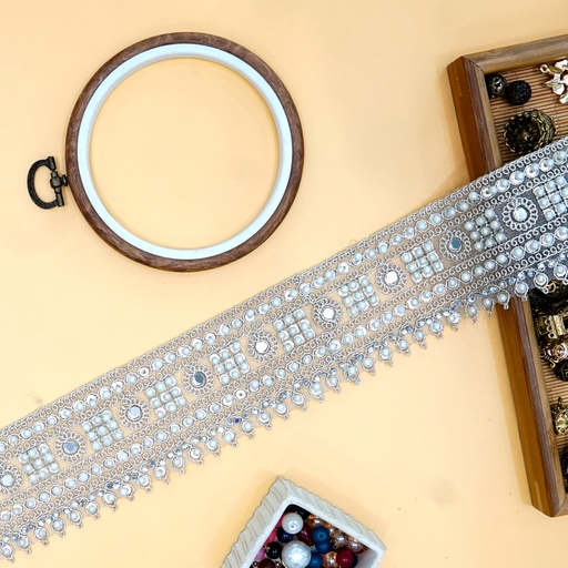 [FANL1436 WHITE GOLD] Fancy Metallic Yarn Pearl Mirror & Stone Lace
