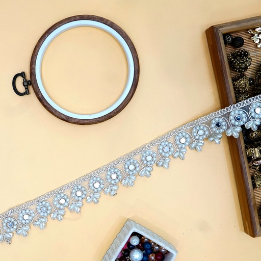 [FANL1440 WHITE GOLD] Fancy Metallic Yarn Pearl & Mirror Lace
