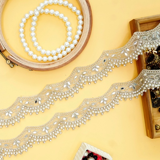 [FANL1448 DULL GOLD] Metallic Yarn Mirror Rhinestone Fancy Lace