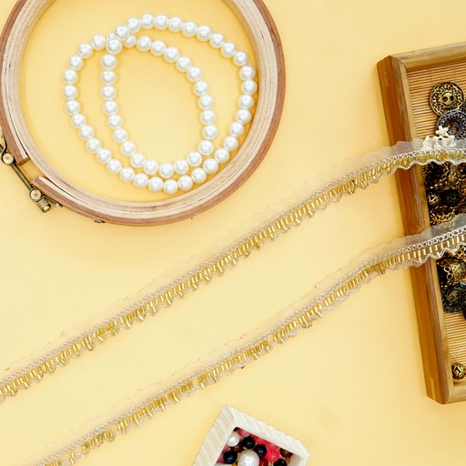 [FANL1474 GOLD] Fancy Metallic Yarn Glass Beads Lace