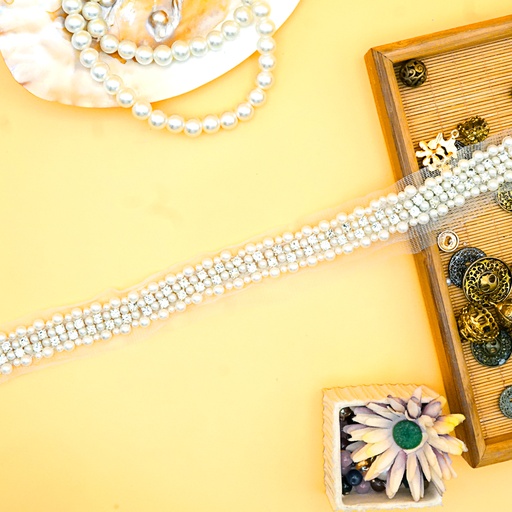 [FANL1489 WHITE] Fancy Pearl Crystal Net Lace