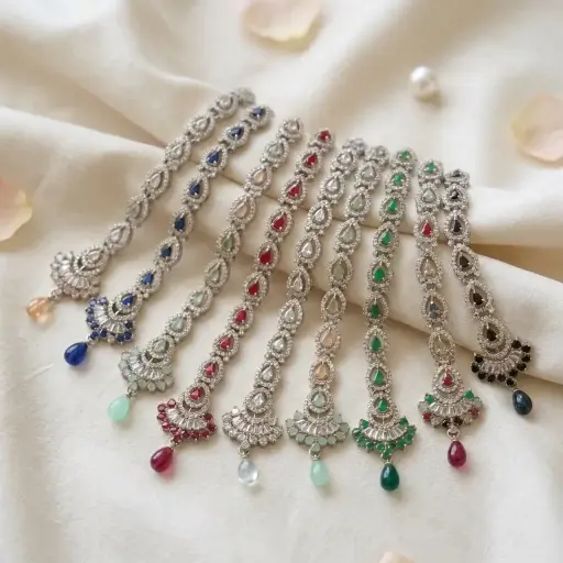 Silver Base Fancy Kundan Button Patti