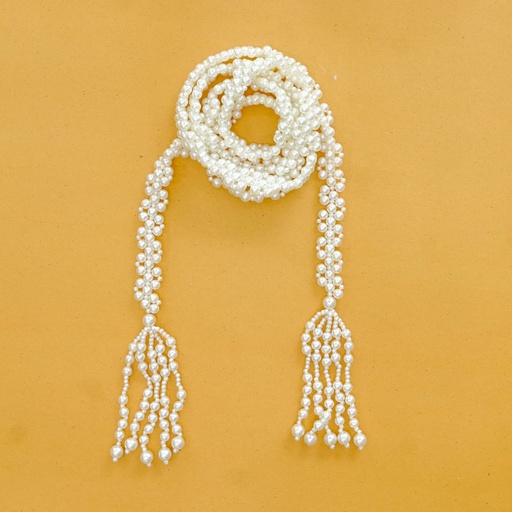 [FA734 PEARLY WHT] White Pearl Cluster Traditional Waist Belt with Decorative Tassel