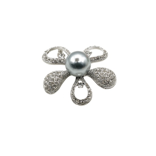 [4591 SILVER GREY] Floral Brooch With Pearl & Diamonds